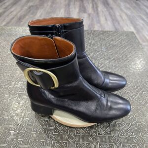 Black Leather Ankle Boots with Gold Buckle